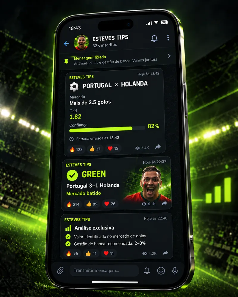 Canal Esteves Tips no Telegram com uma entrada, um green e uma análise exclusiva